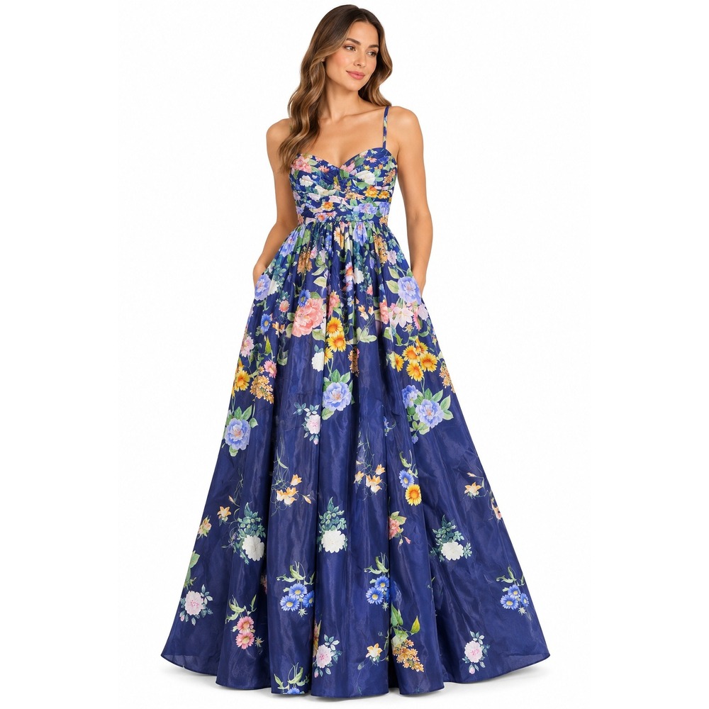 Tahari ASL Women Navy Floral Printed Silky Organza Gown Dress EAM070 Size 8 NEW